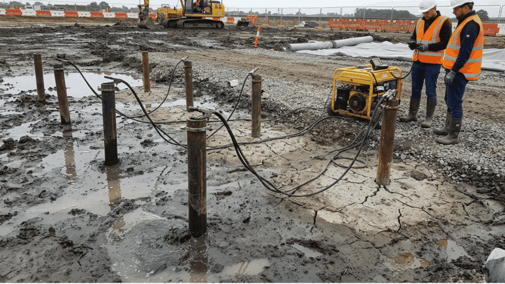 metal electrodes connected by cables driving moisture out of saturated clay soil at a technical work site.