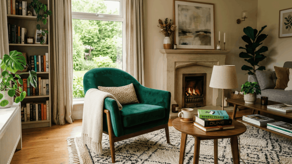 mid century accent lounge chair in mustard color, placed near window