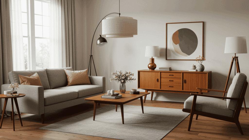mid century living room mixing vintage wooden furniture with modern decor, warm tones, clean and stylish space