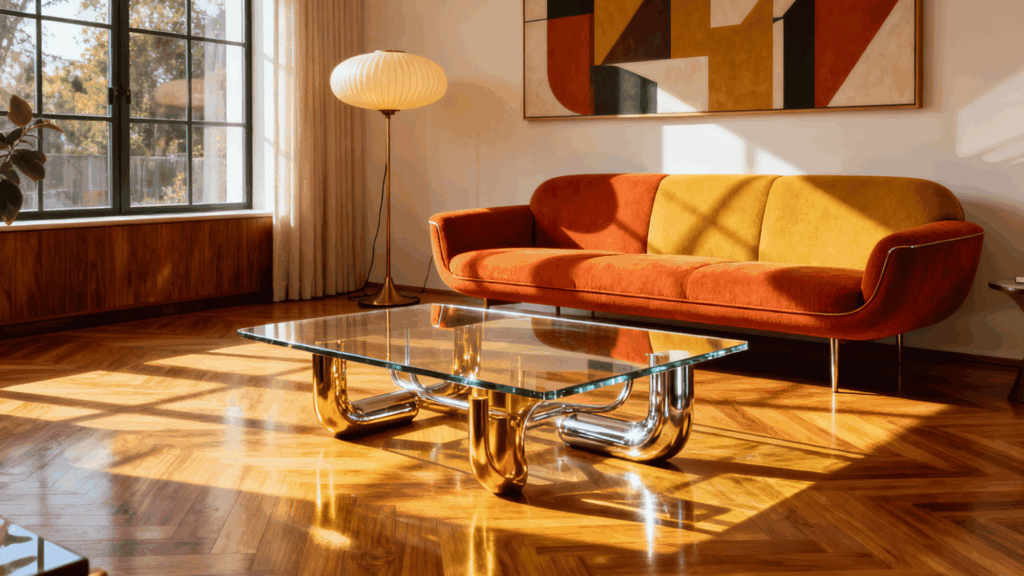 mid century living room with glass coffee table and metal decor accents, clean lines, balanced and modern setup