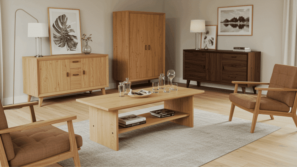 mid-century living room with wooden furniture, coffee table, sideboards, armchairs, neutral decor, and framed wall art