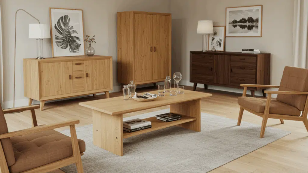 mid-century living room with wooden furniture, coffee table, sideboards, armchairs, neutral decor, and framed wall art