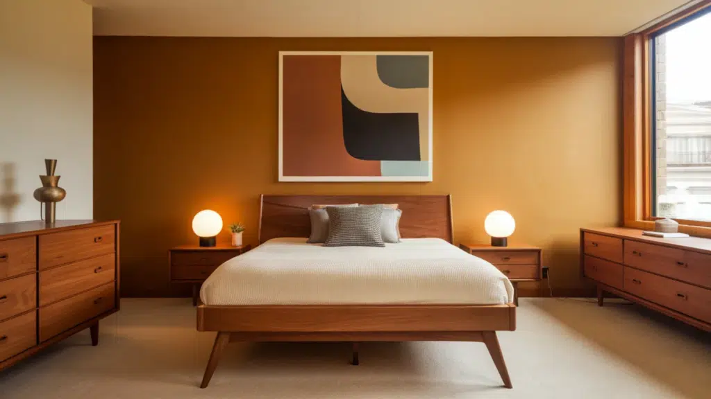mid century modern bedroom with warm brown walls, wooden furniture, globe lamps, and abstract wall art