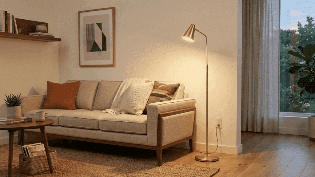 mid century modern floor lamp beside sofa, slim design, warm lighting, minimal living room, wood and neutral tones
