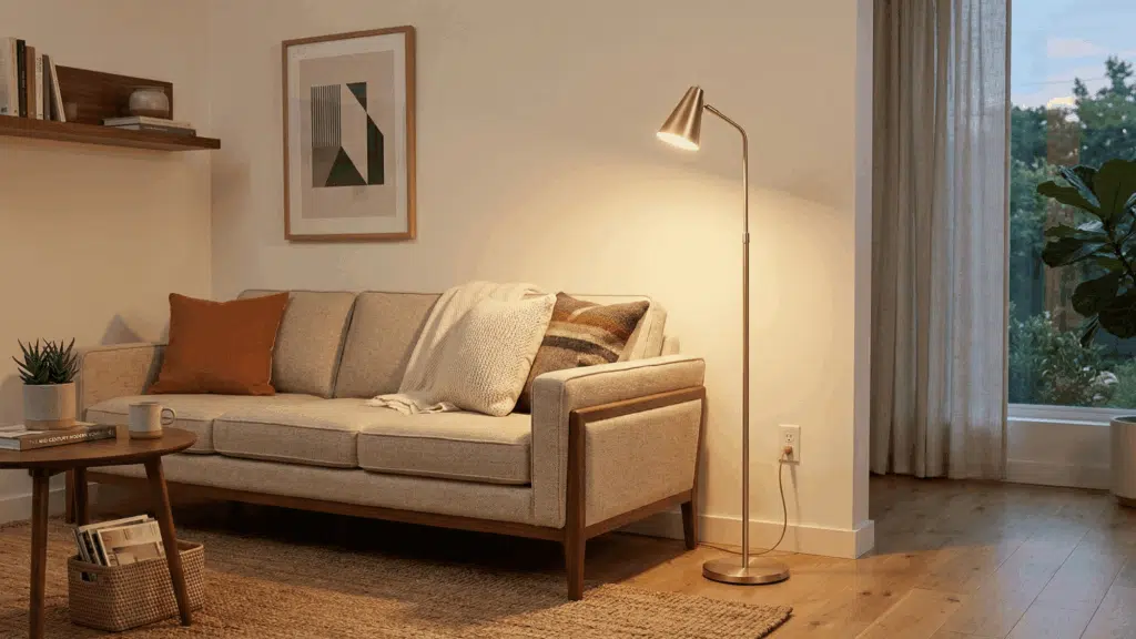 mid century modern floor lamp beside sofa, slim design, warm lighting, minimal living room, wood and neutral tones