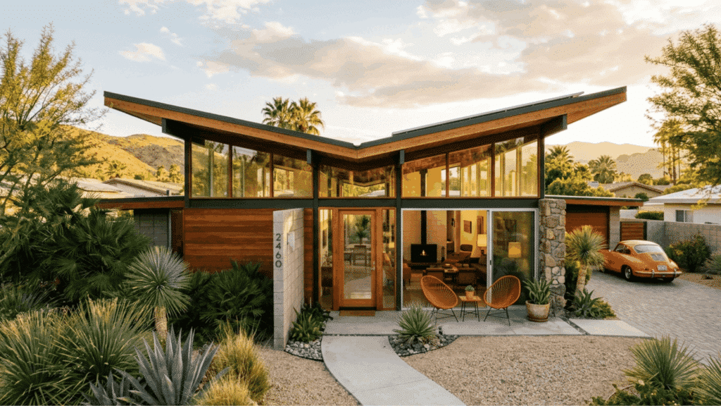 mid century modern house with slanted roof large glass windows desert landscaping and mountain backdrop