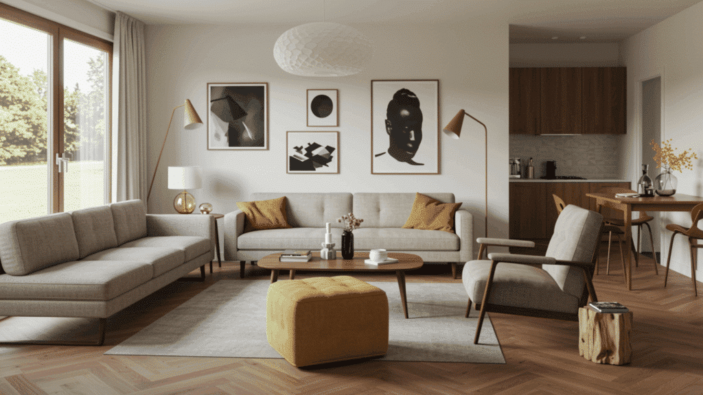 mid century modern living room with balanced furniture layout, open spacing, clean lines, minimal clutter