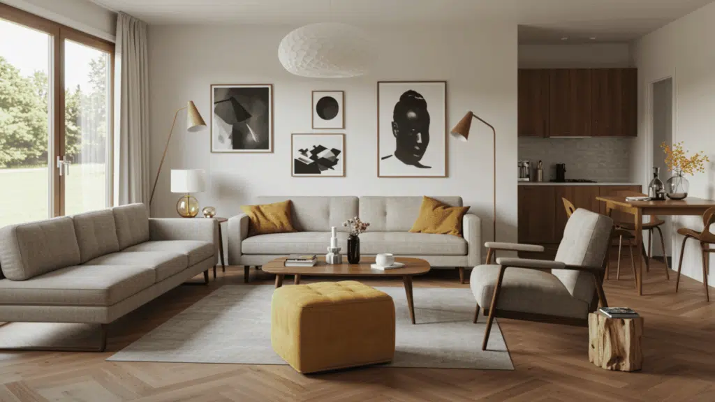 mid century modern living room with balanced furniture layout, open spacing, clean lines, minimal clutter