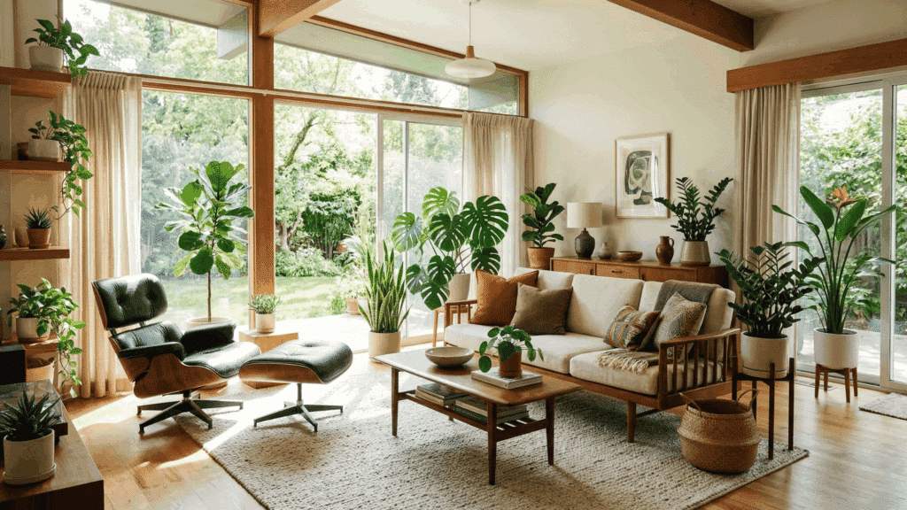 mid century modern living room with indoor plants, natural light, simple pots, warm wood furniture, fresh and airy feel