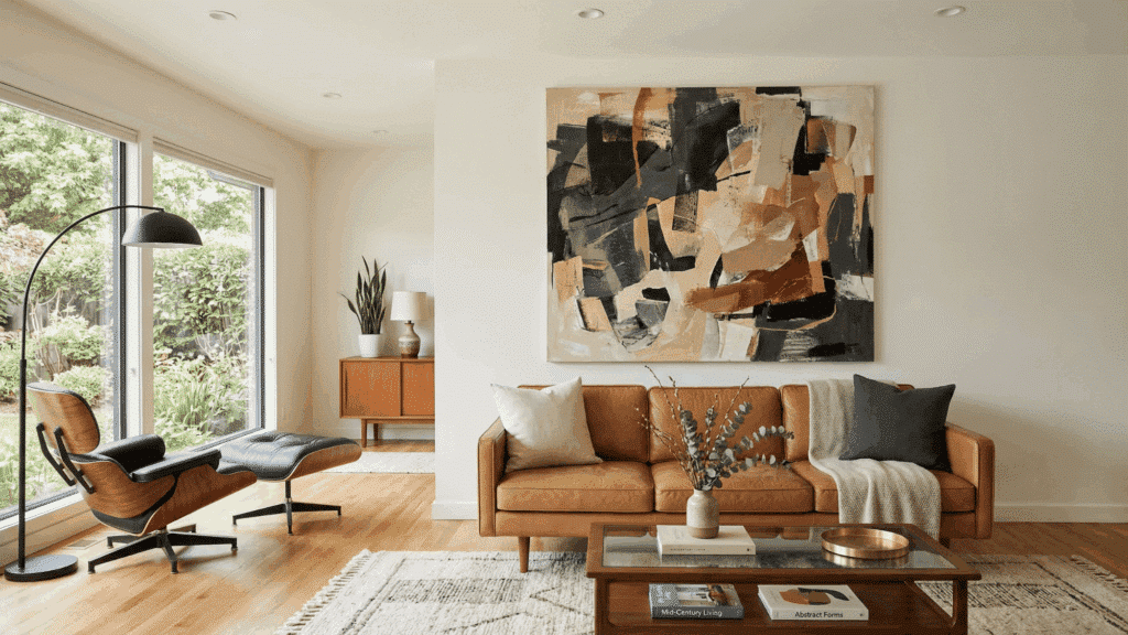 mid century modern living room with large abstract wall art, neutral tones, clean wall, simple decor setup