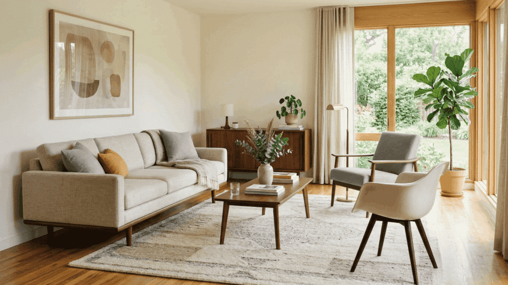 mid century modern living room with sofa and chairs featuring tapered wooden legs