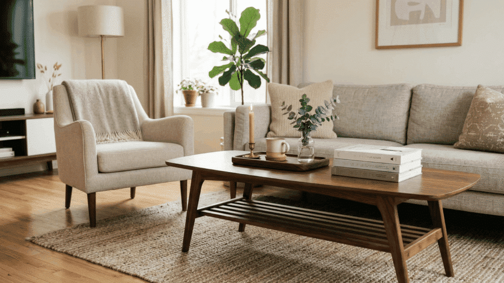 mid century modern wooden coffee table, walnut finish, minimal styling with books and tray, neutral living room, clean and balanced layout