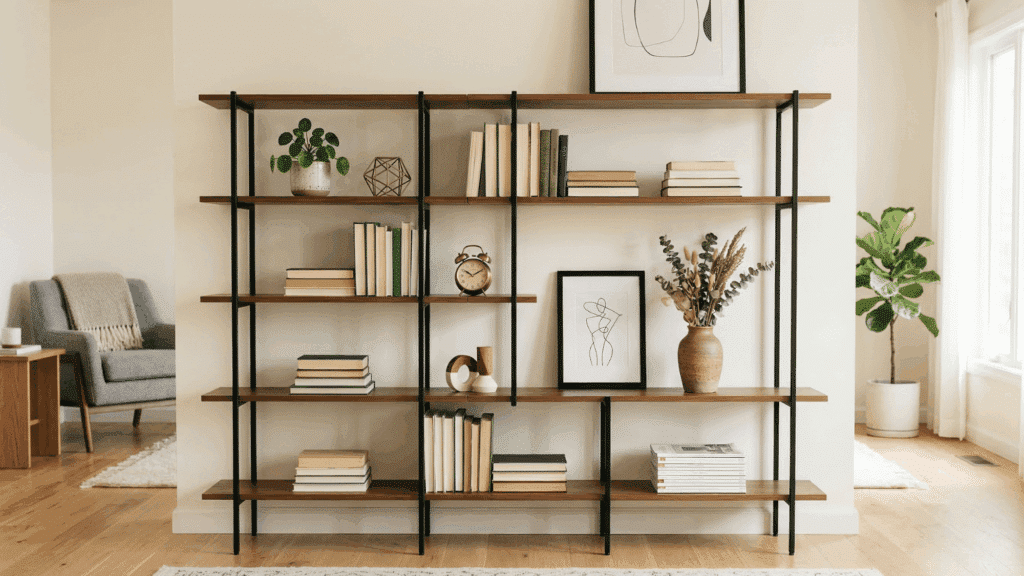 mid century open shelving with books and decor, wood and metal frame, minimal styling, clean living room backdrop