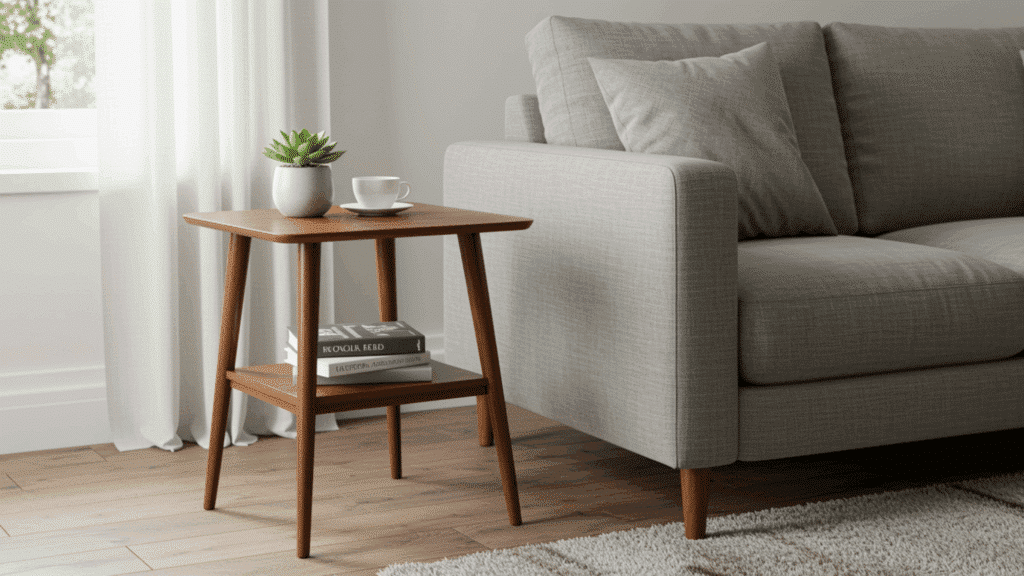 mid century side tables beside sofa, simple design, minimal decor items, clean and practical living room