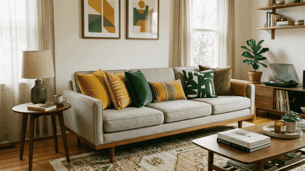 mid century sofa with bold accent cushions in mustard and green, neutral base, cozy and simple living room