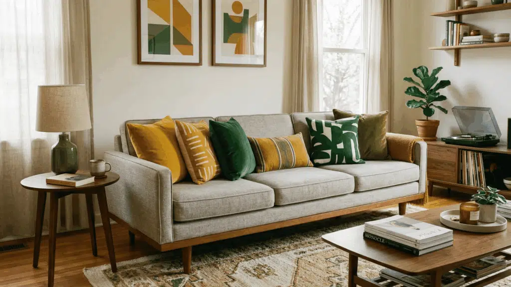 mid century sofa with bold accent cushions in mustard and green, neutral base, cozy and simple living room