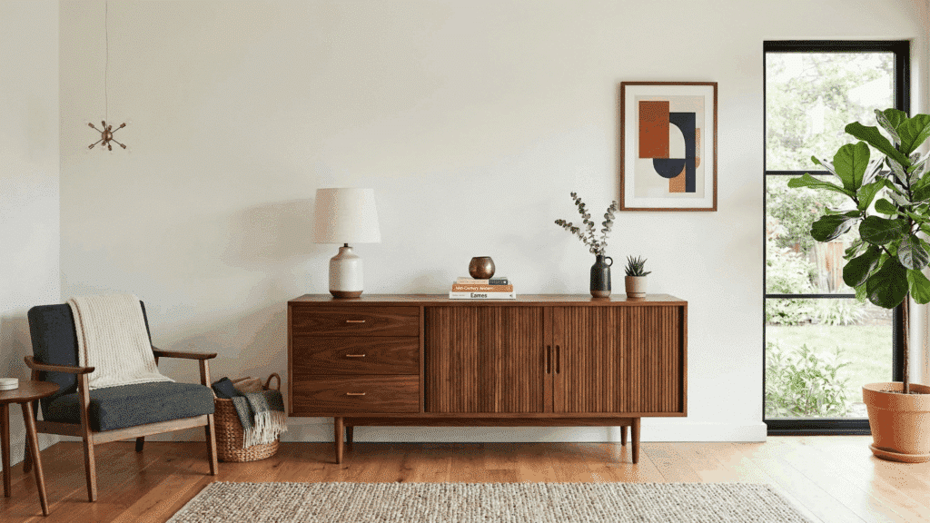mid century wooden sideboard in living room, walnut finish, minimal decor on top, clean wall background, modern layout