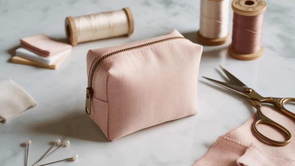 mini fabric pouch with a zipper in soft pastel pink, placed on a crafting surface with scissors, thread spools, fabric pieces, and pins, in clean natural lighting