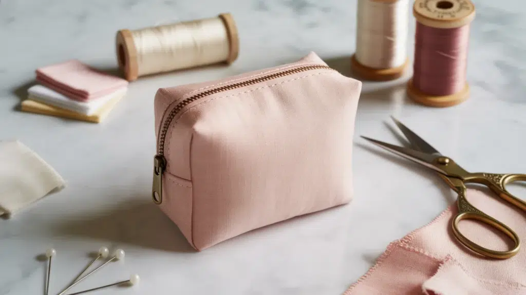 mini fabric pouch with a zipper in soft pastel pink, placed on a crafting surface with scissors, thread spools, fabric pieces, and pins, in clean natural lighting