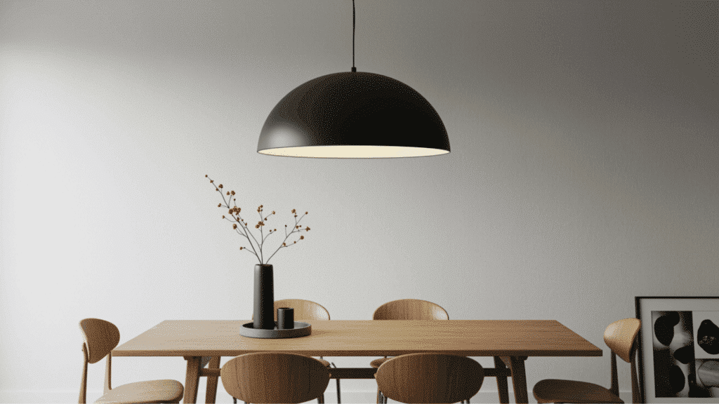 minimal dining room with wooden table, chairs, black pendant light, vase with red branches, and neutral wall background