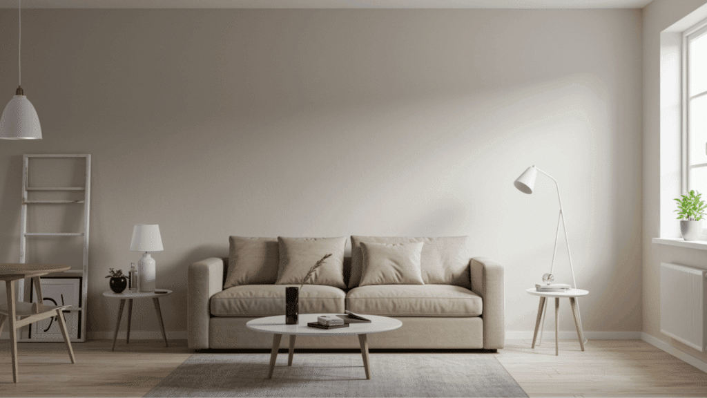minimal living room with beige sofa, round coffee table, side lamps, light decor, and soft natural light from window