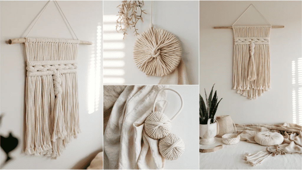 minimal macramé wall hangings made of soft cotton rope with knotted and braided textures, displayed on wooden dowels in a neutral, cozy setting with natural light
