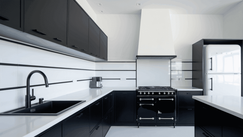 minimal matte black kitchen with white countertops, retro fridge, and sleek modern stove.