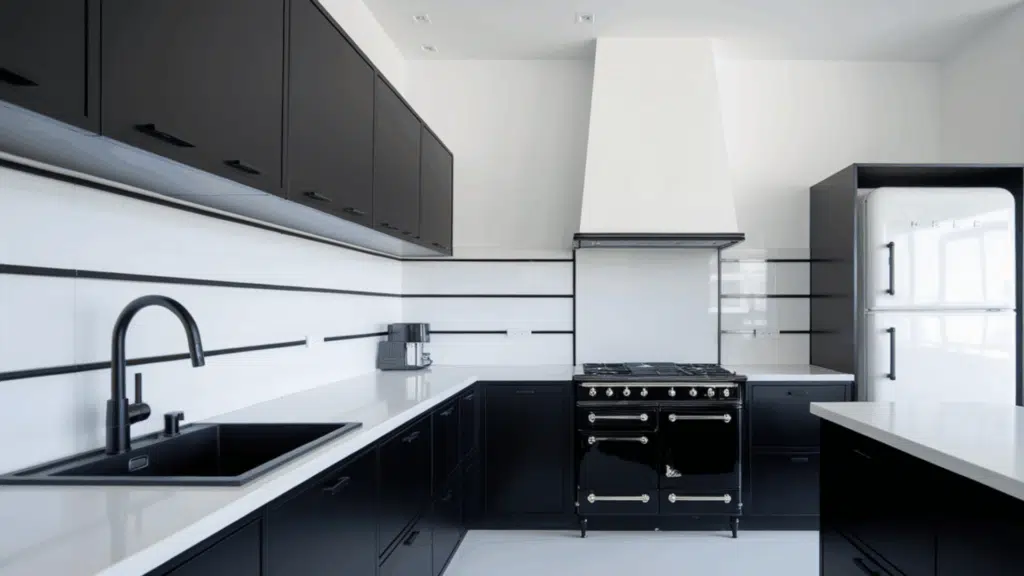 minimal matte black kitchen with white countertops, retro fridge, and sleek modern stove.