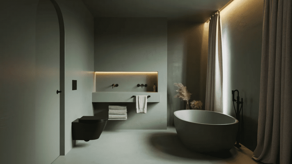 minimal sage green bathroom with a freestanding tub, floating sink, matte black fixtures, and soft warm lighting
