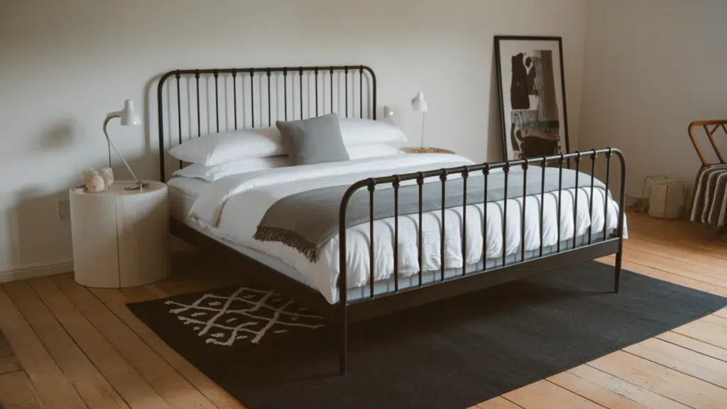 minimalist bedroom with a black metal bed frame, white bedding, wooden floors, and a framed artwork leaning against the wall