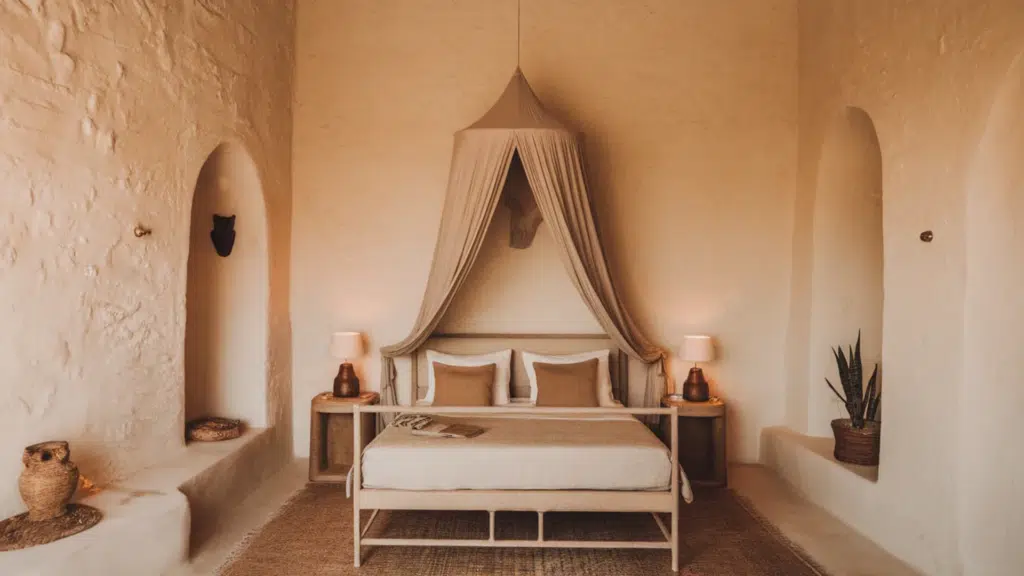 minimalist bedroom with white textured walls, a canopy bed, warm bedside lamps, and earthy decor