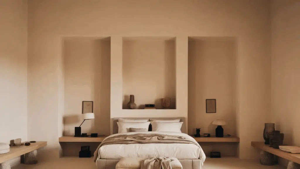 minimalist beige bedroom with recessed wall niches, low wooden shelves, and soft neutral decor
