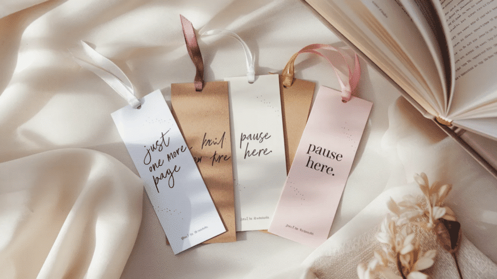 minimalist bookmark set with soft pastel and kraft cardstock, featuring simple handwritten phrases like “just one more page” and “pause here,” each finished with delicate ribbon tassels, styled be
