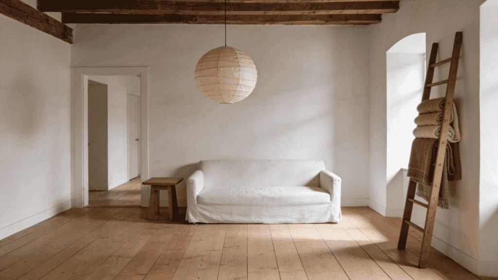 minimalist farmhouse living room with paper pendant light and wood ladder