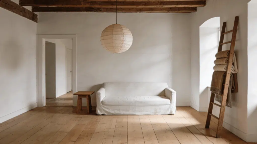 minimalist farmhouse living room with paper pendant light and wood ladder