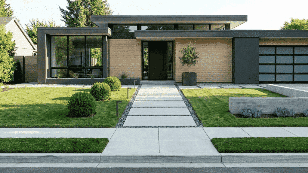 minimalist front yard landscaping with modern home, stepping stone path, and simple plant layout