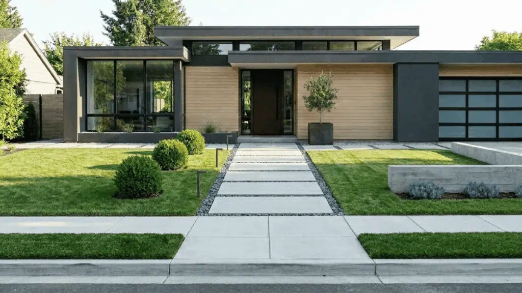minimalist front yard landscaping with modern home, stepping stone path, and simple plant layout