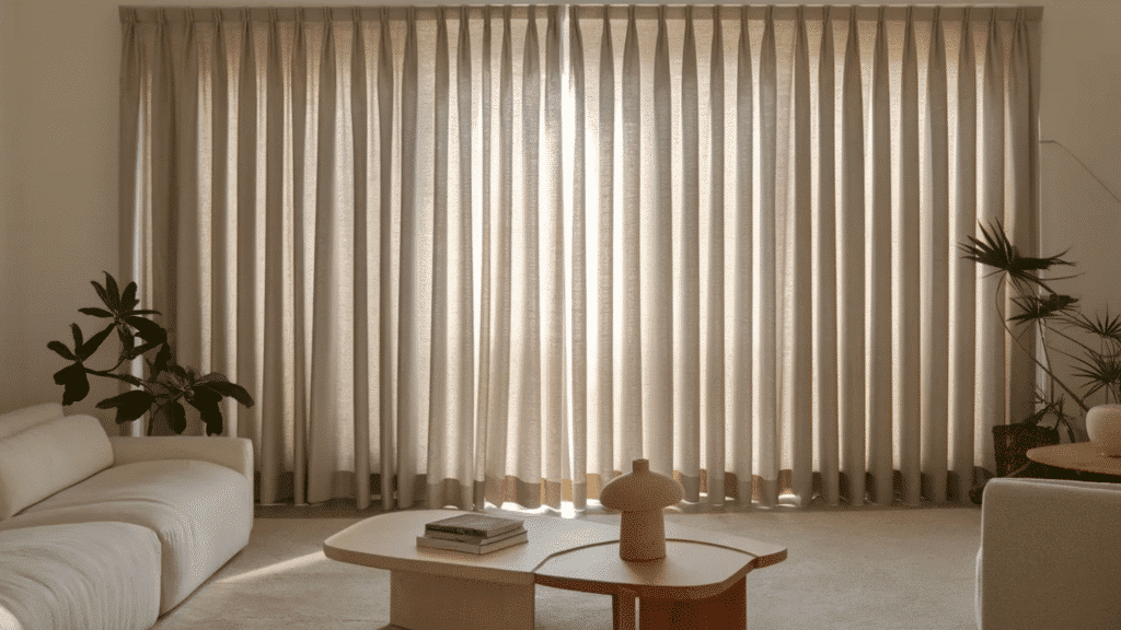 minimalist living room with floor to ceiling beige pleated curtains filtering soft sunlight, a low white sofa, wooden coffee table, and indoor plants
