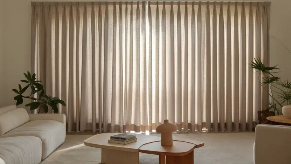 minimalist living room with floor to ceiling beige pleated curtains filtering soft sunlight, a low white sofa, wooden coffee table, and indoor plants