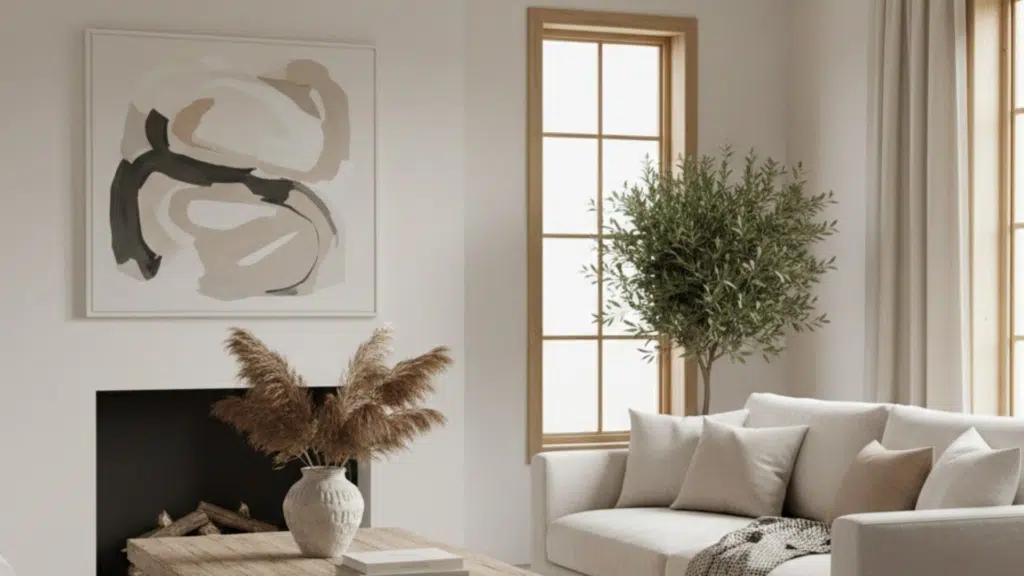 minimalist living room with neutral furniture, a wooden coffee table, and large windows