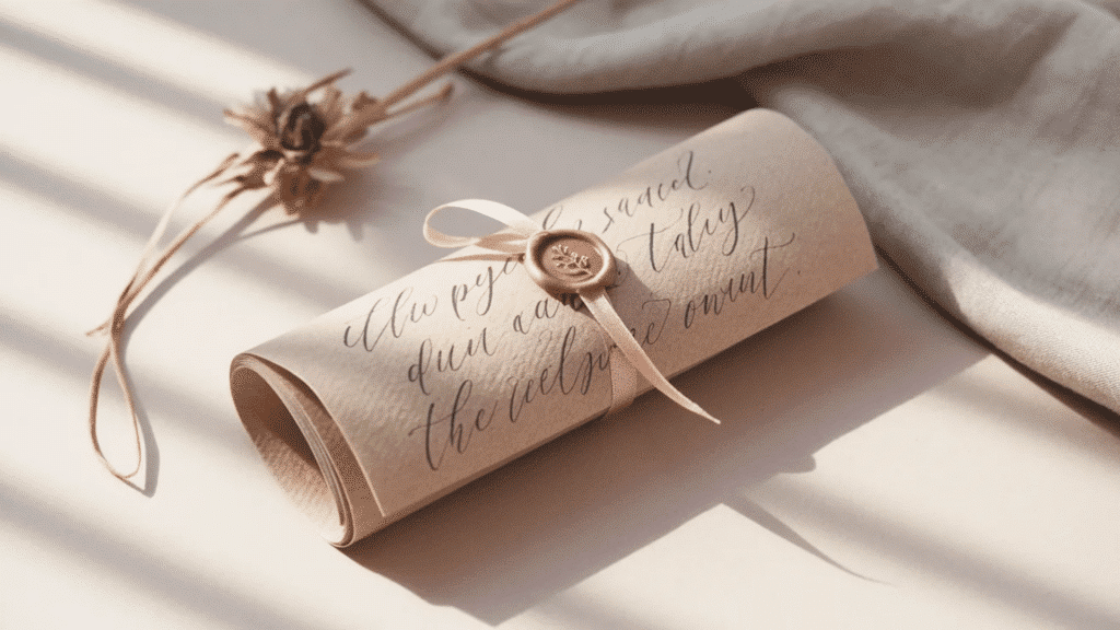minimalist paper quote scroll with a handwritten calligraphy message, rolled and tied with a soft ribbon and wax seal, placed on a neutral surface with a dried flower and gentle natural light