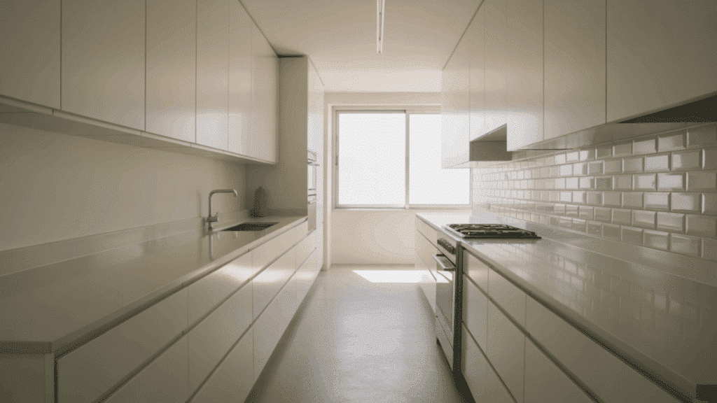 minimalistic design in a galley kitchen with clean lines and neutral tones.