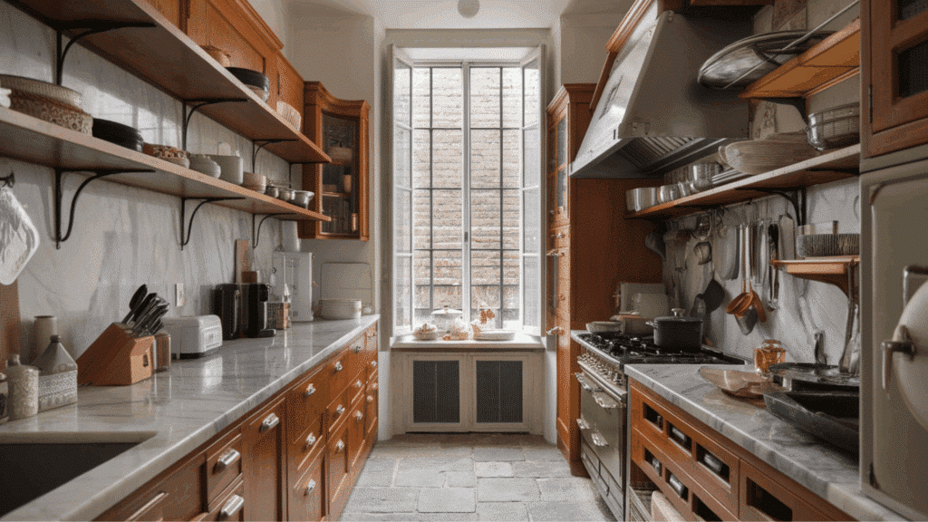 mixed materials like wood, metal, and stone adding texture to a galley kitchen.
