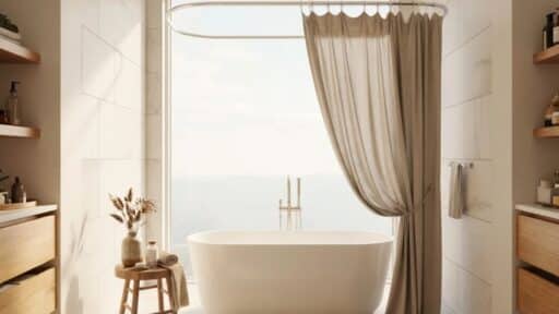 modern aesthetic bathroom with a freestanding bathtub, neutral shower curtain, and large window view
