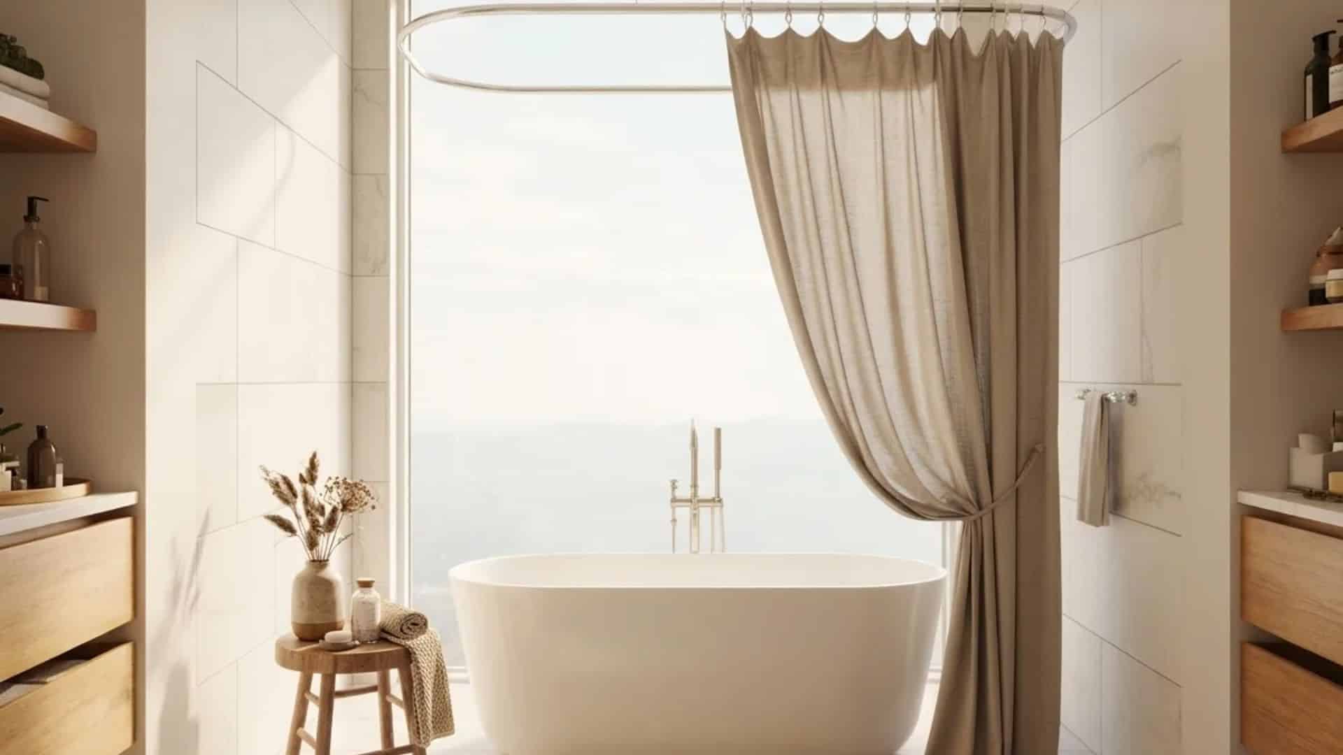 modern aesthetic bathroom with a freestanding bathtub, neutral shower curtain, and large window view