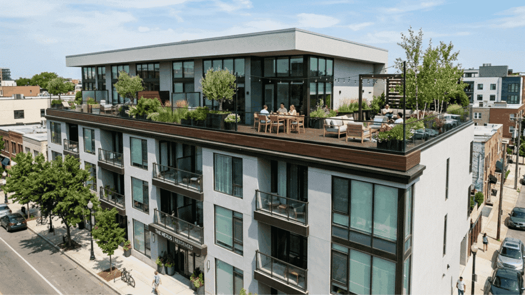 modern apartment building with rooftop terrace seating greenery and glass balconies in urban neighborhood