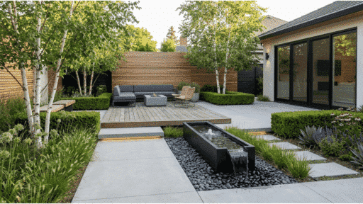modern backyard landscape with concrete patio, wood deck seating area, and rectangular water feature fountain.