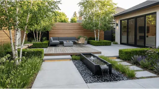 modern backyard landscape with concrete patio, wood deck seating area, and rectangular water feature fountain.