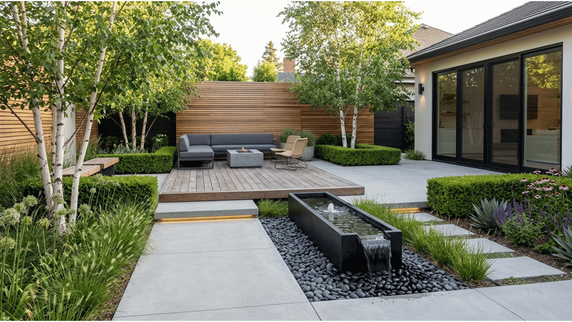 modern backyard landscape with concrete patio, wood deck seating area, and rectangular water feature fountain.