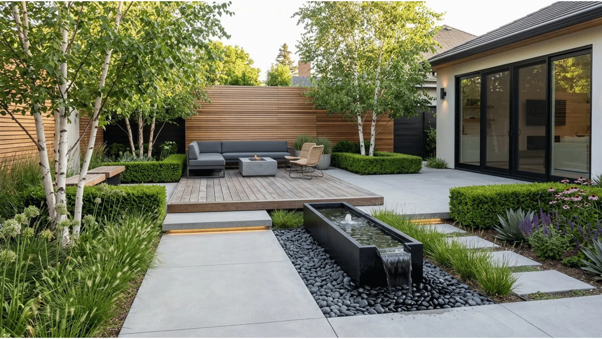 modern backyard landscape with concrete patio, wood deck seating area, and rectangular water feature fountain.